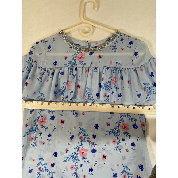 Juicy Couture Floral Rhinestone Ruffle Blouse Size XS Light Blue Pink Top - Picture 3 of 6
